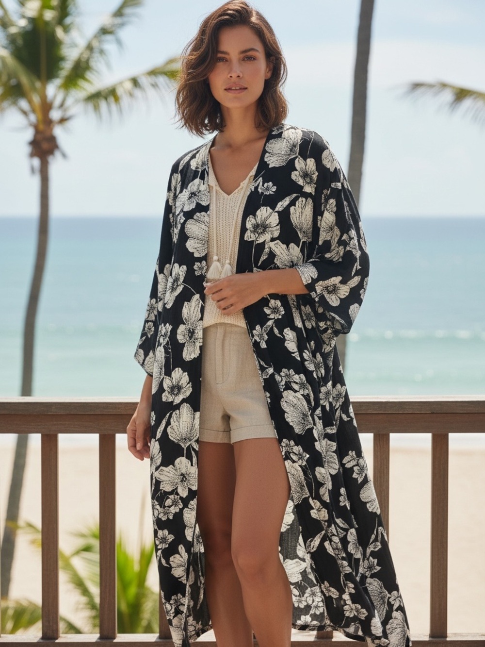 Carly Jean Los Angeles Black White Floral Duster Cardigan Large
